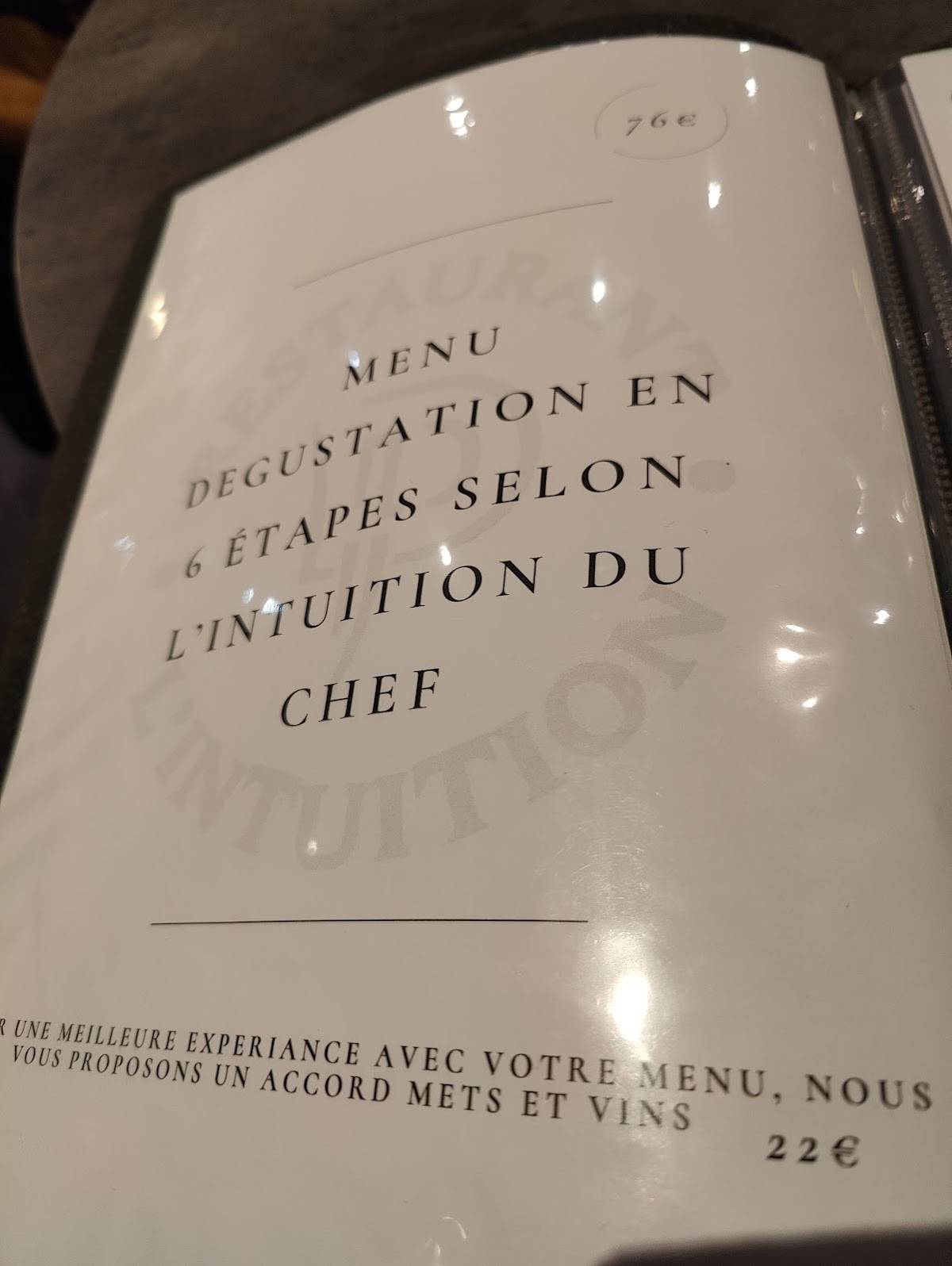 Menu de Restaurant l'Intuition