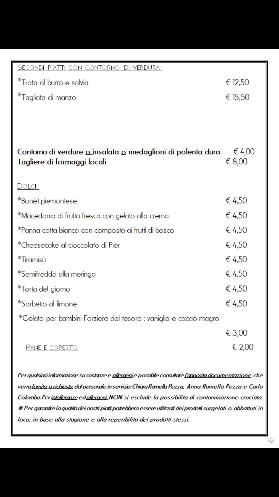 Menu di La Fornace 