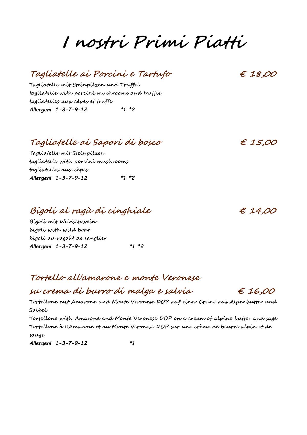 Menu di La Cicala e La Fenice 