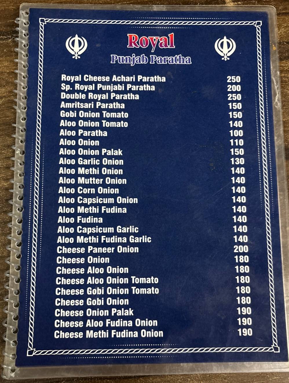 Royal Punjab Paratha menu