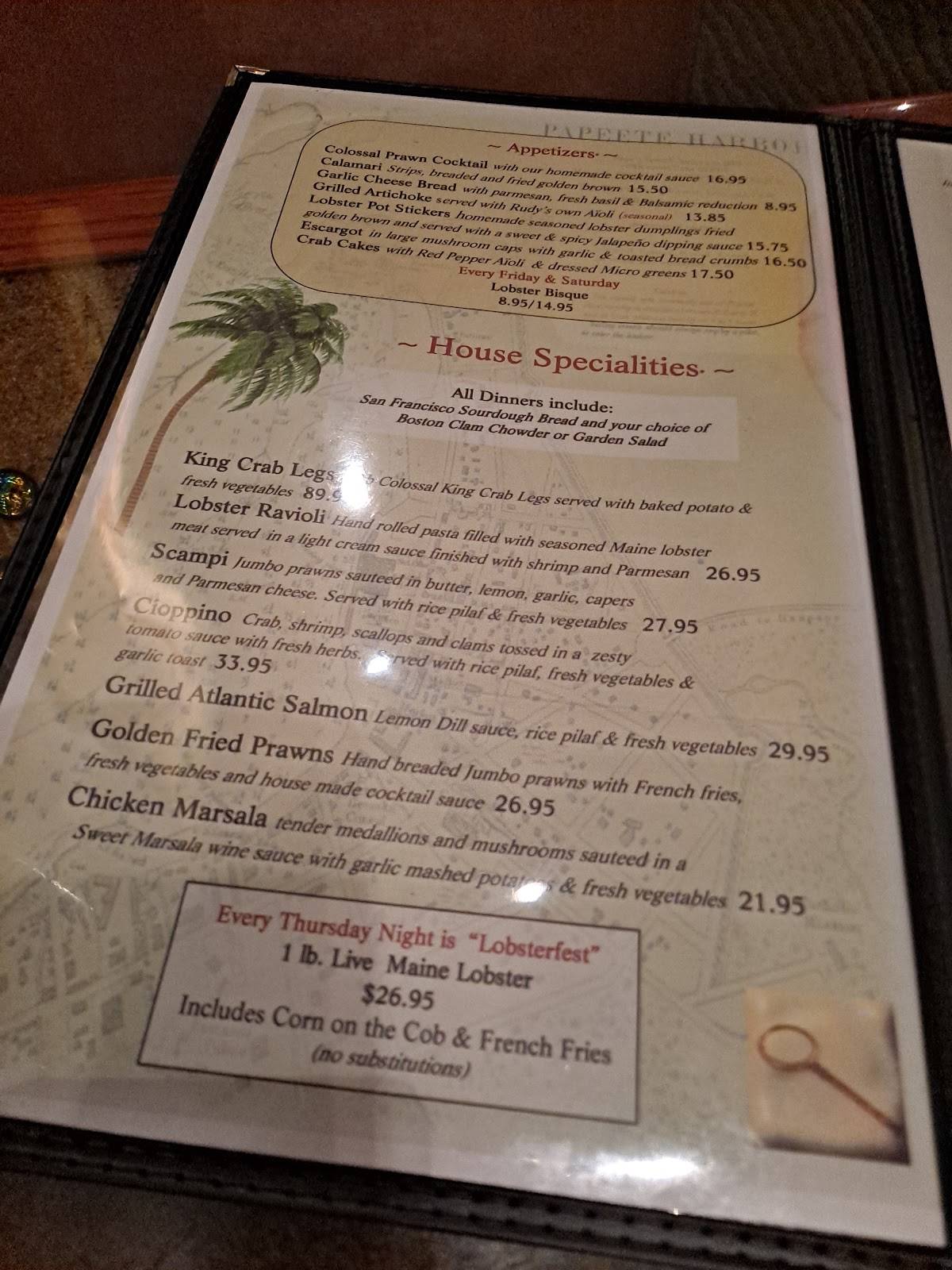 Menu at Rudy's Hideaway Lobsterhouse restaurant, Rancho Cordova