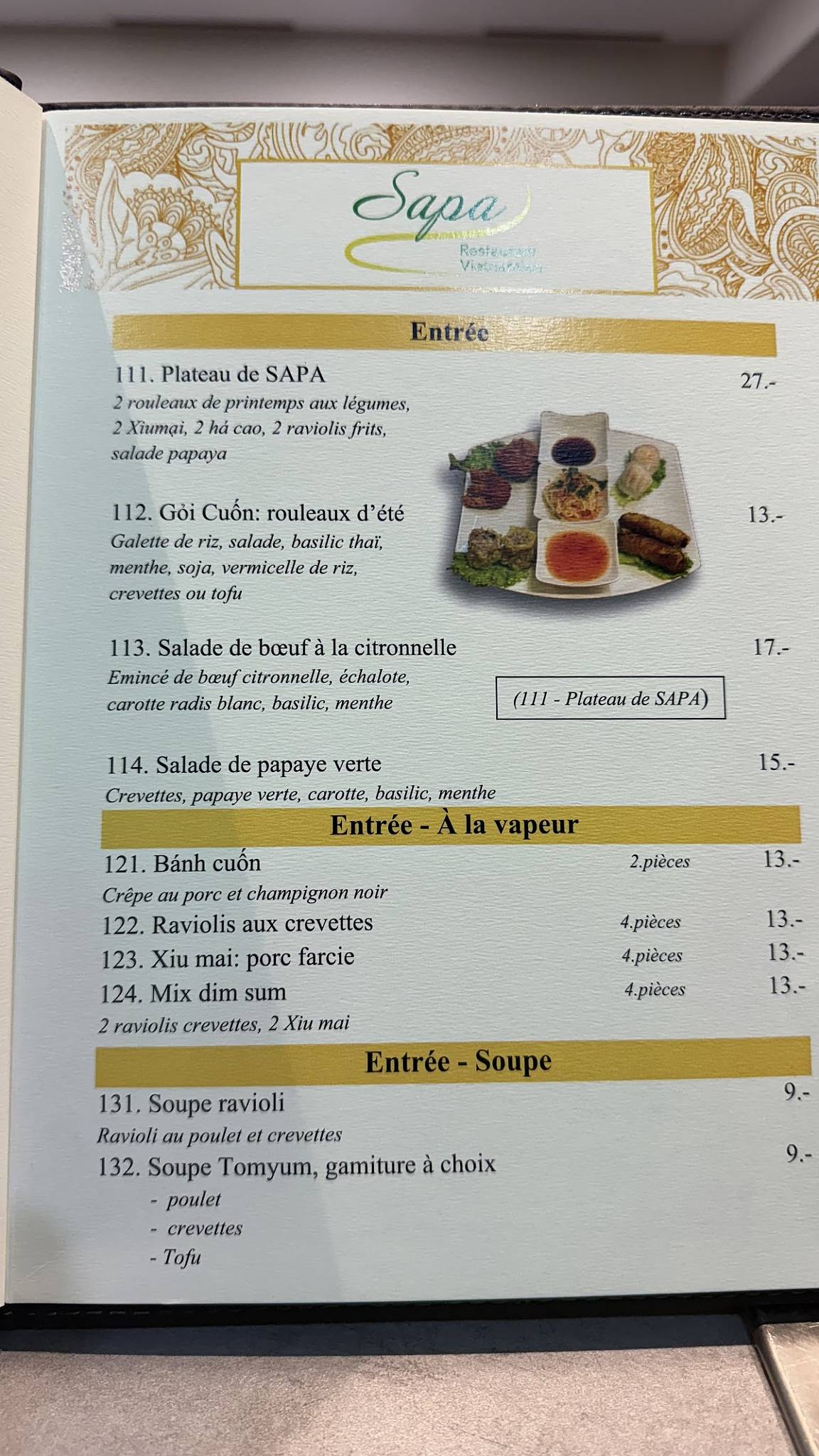 Menu di SAPA restaurant vietnamien 