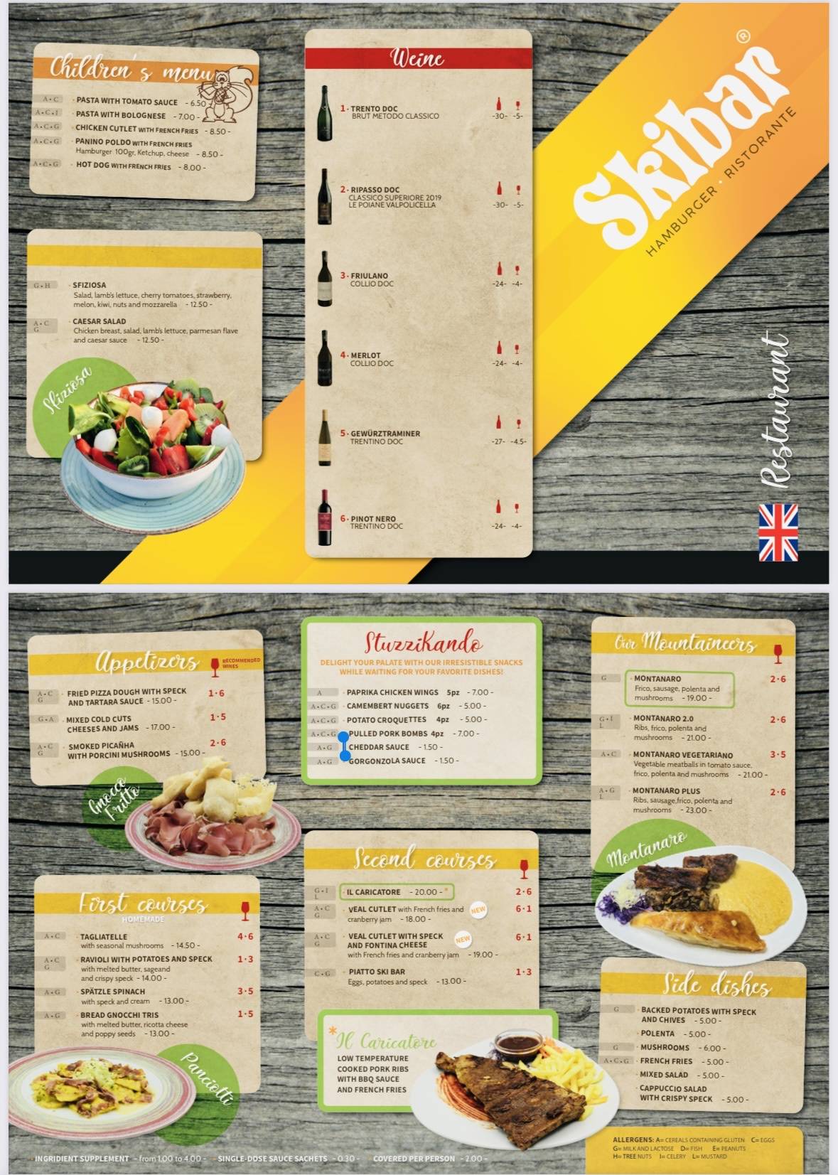 Menu di SKIBAR SAPPADA RISTORANTE PIZZERIA HAMBURGERIA GOURMET asporto 