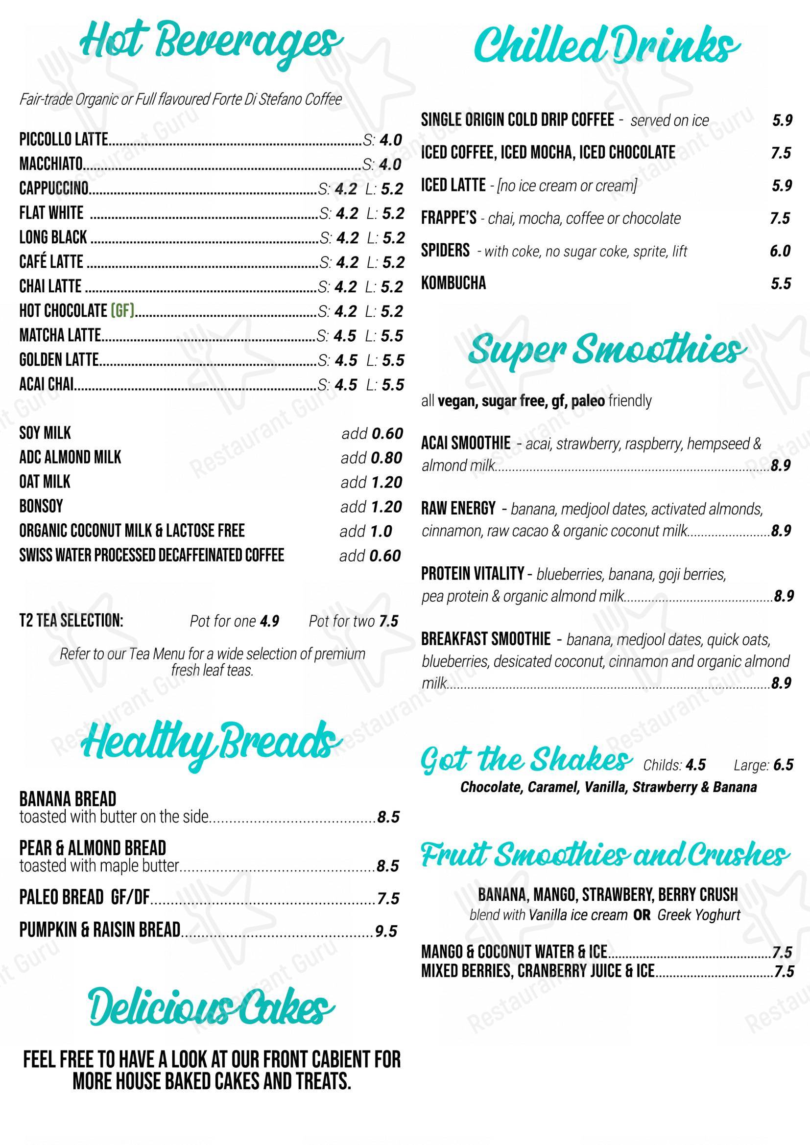 Menu at Sage Cafe, Erina