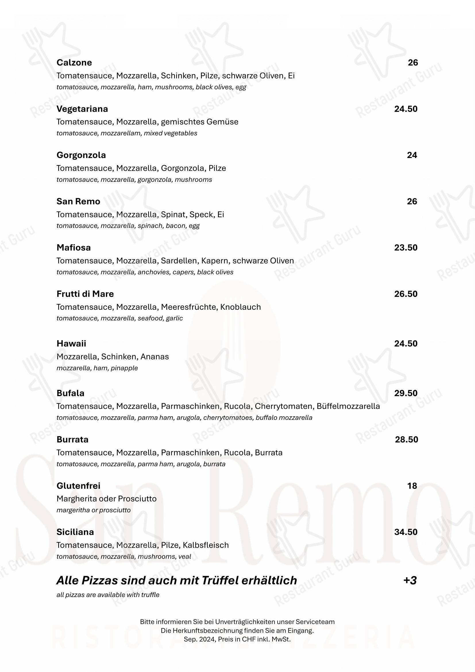 Menu di Restaurant San Remo GmbH - 菜单