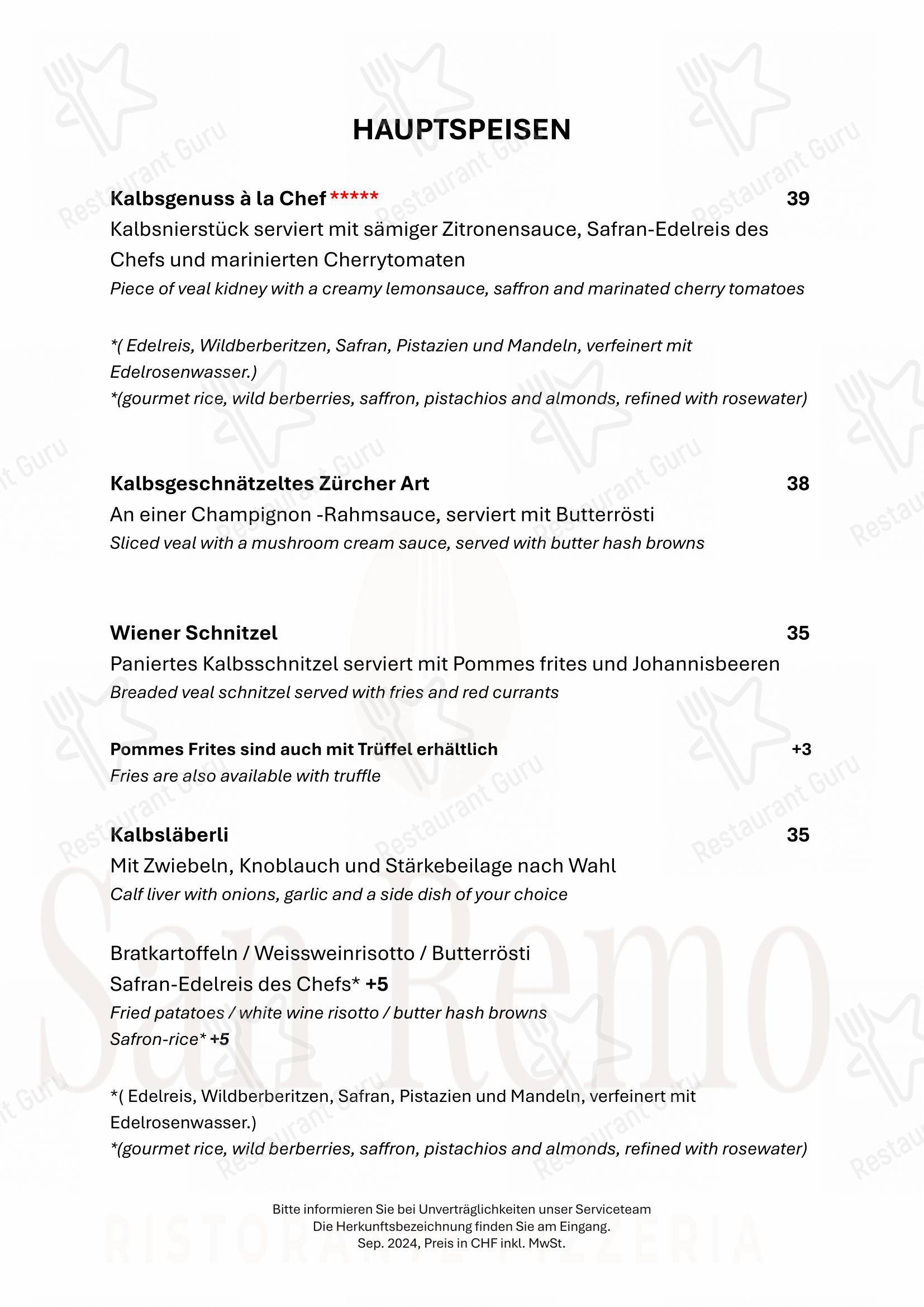 Restaurant San Remo GmbH in Winterthur - 菜单