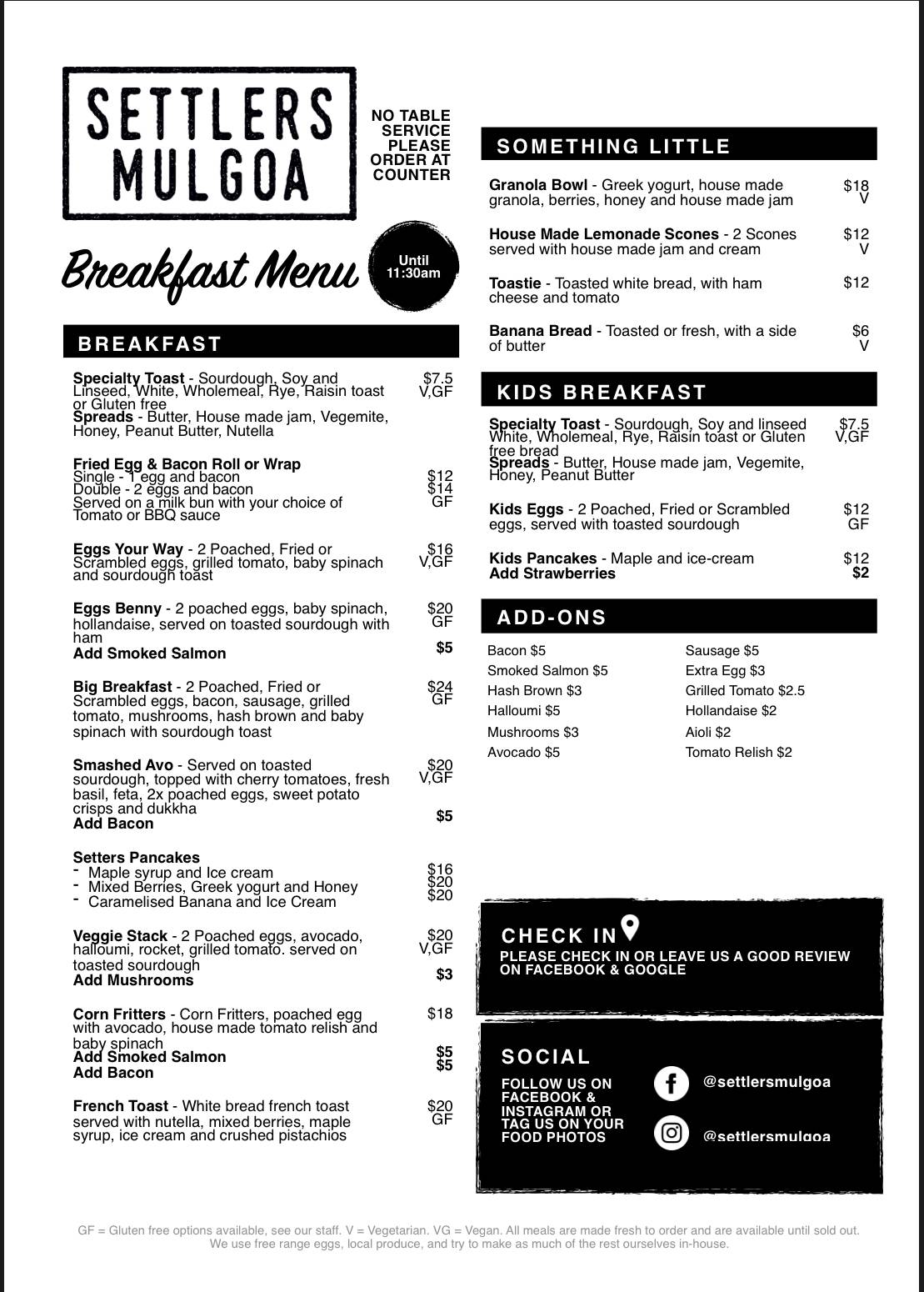 Menu at Settlers restaurant, Mulgoa