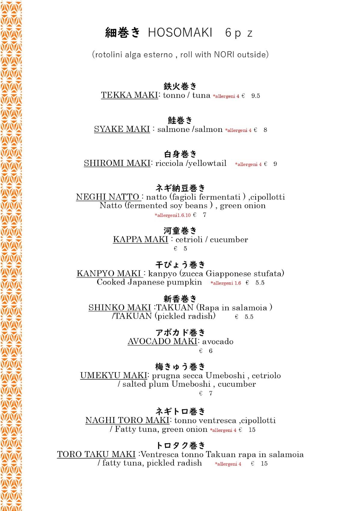 Menu di Ristorante Shiro 