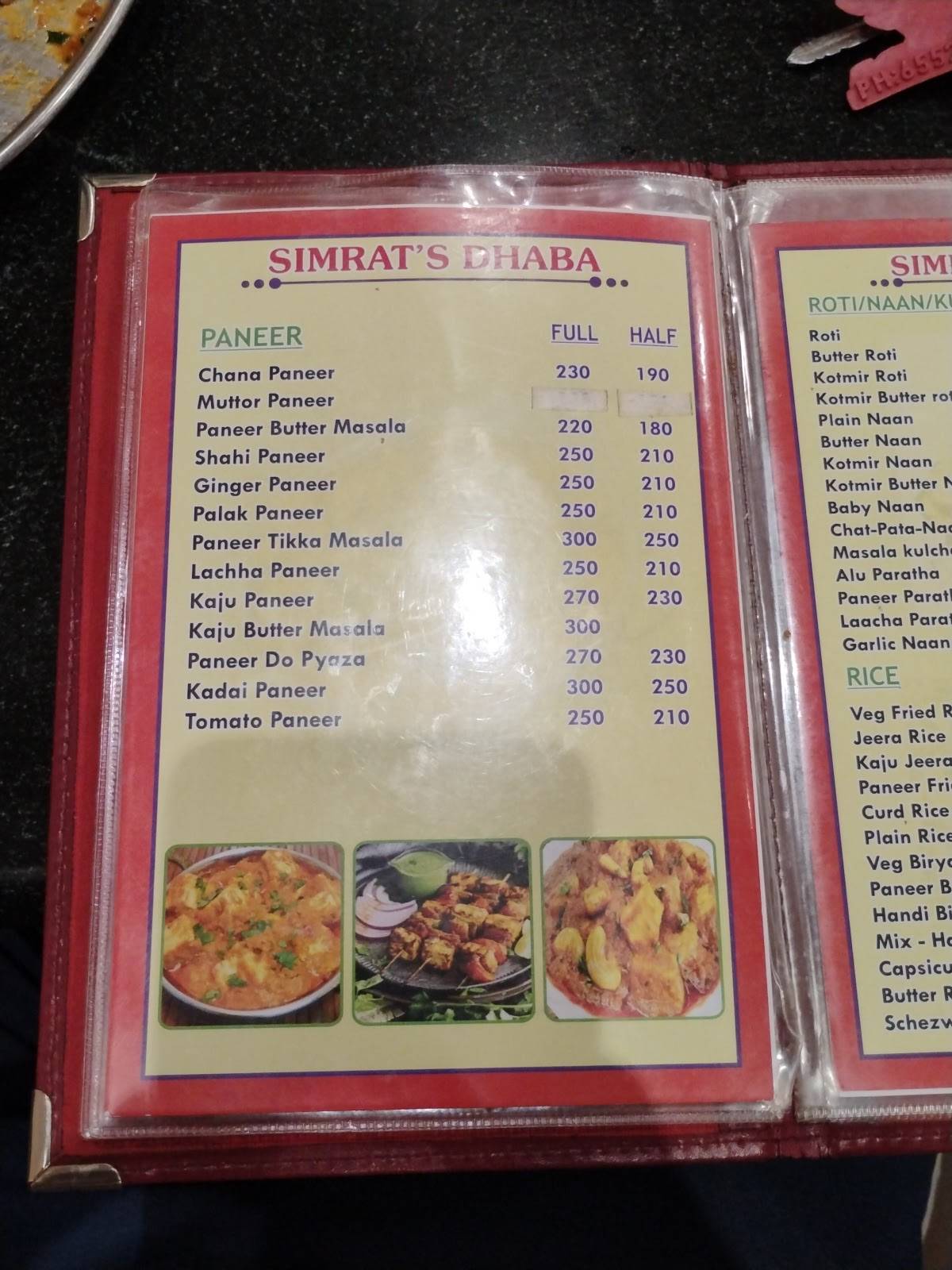 Simrat's Dhaba menu