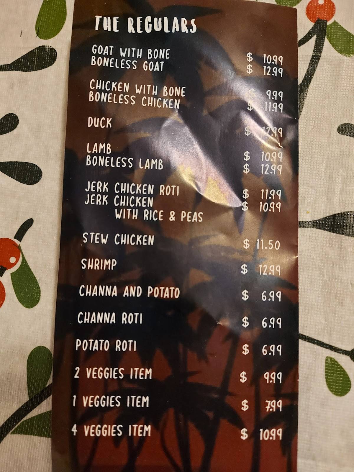 Menu at Singh's Roti and Doubles restaurant, Whitby