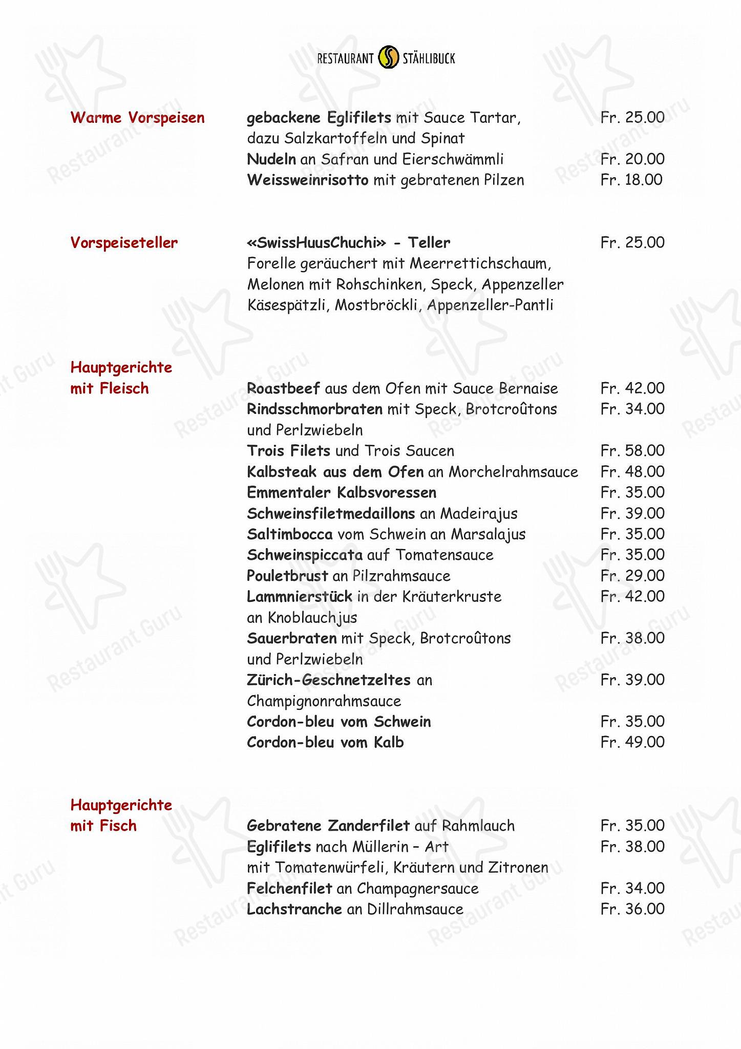 Menu di Restaurant Stählibuck - Menu