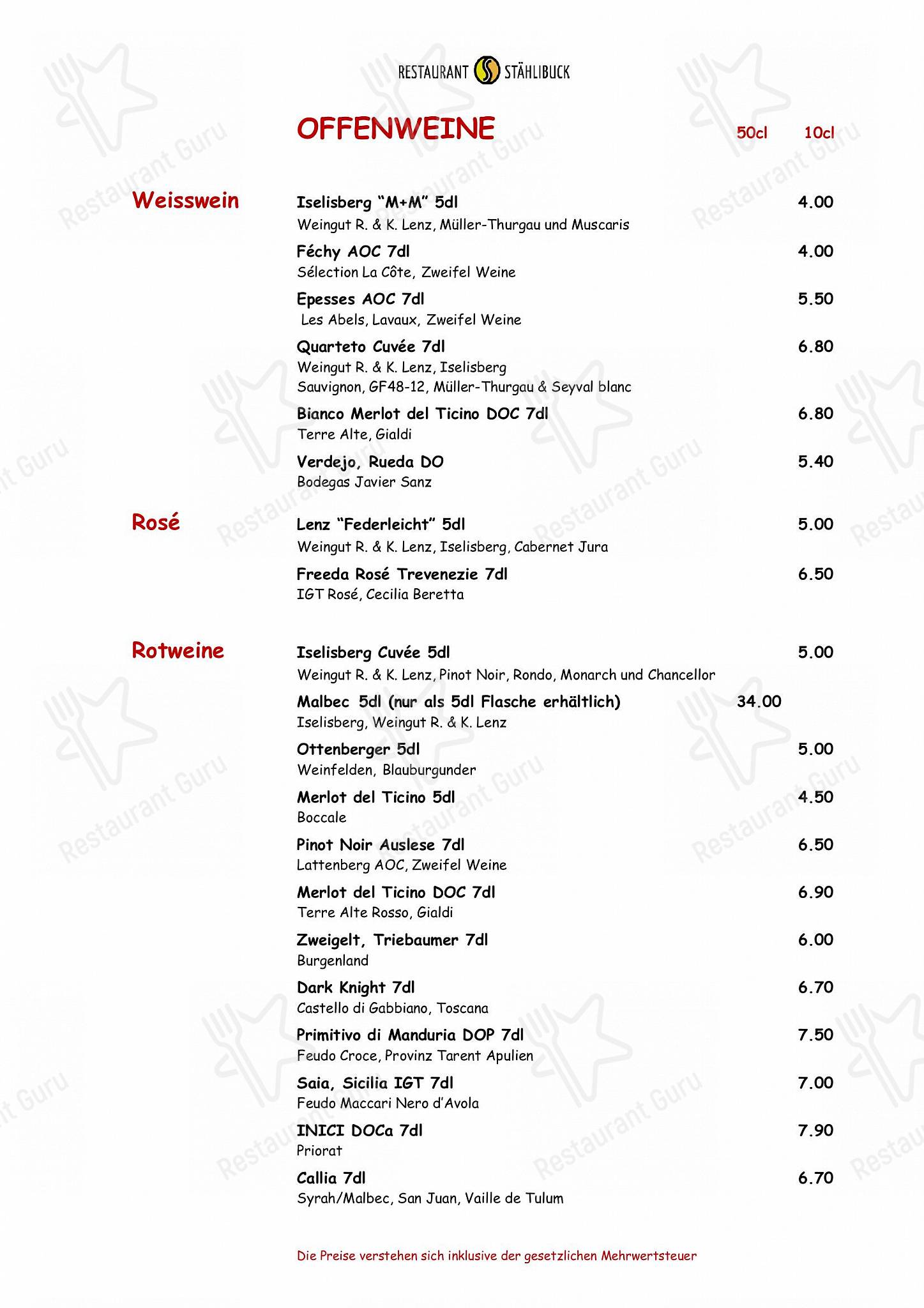 Menu di Restaurant Stählibuck - Menu