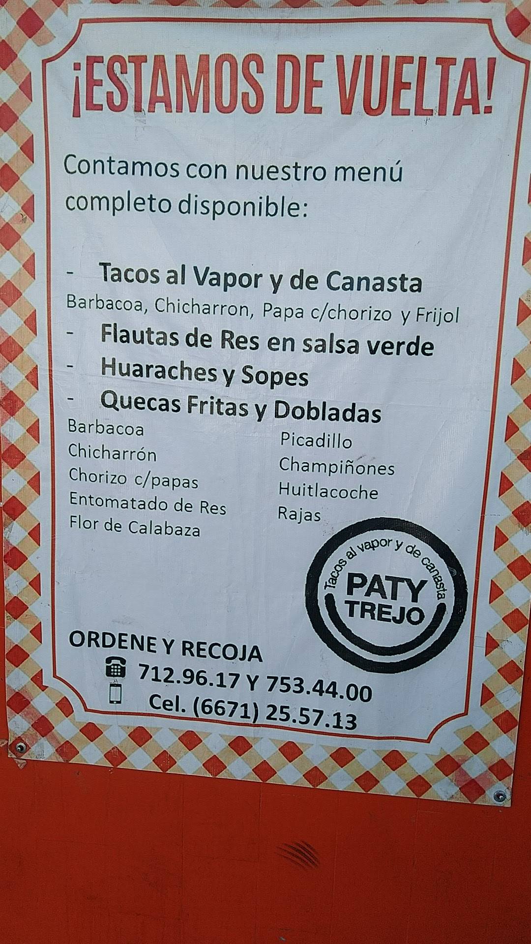 Carta del restaurante Tacos al Vapor y del Canasta Paty Trejo, Culiacán