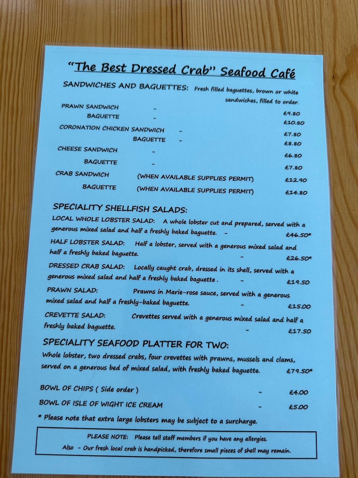 Menu at The Best Dressed Crab Ltd restaurant, Bembridge