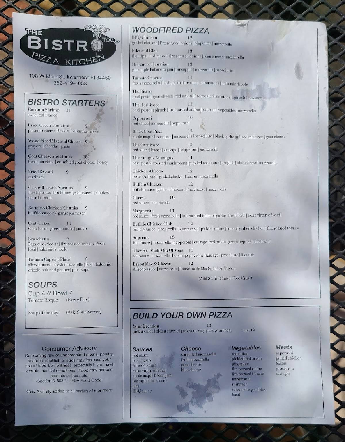 Menu at The Bistro Too Pizza Kitchen restaurant, Inverness