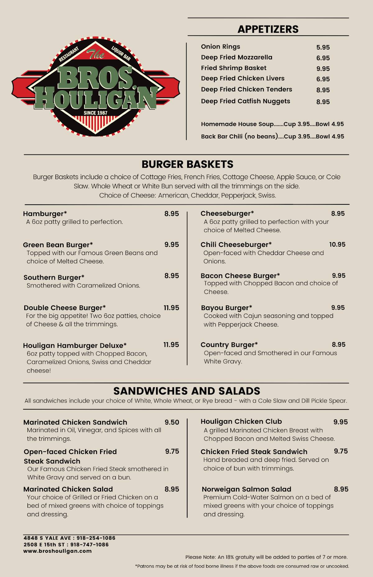 Menu at The Bros. Houligan restaurant, Tulsa, E 15th St