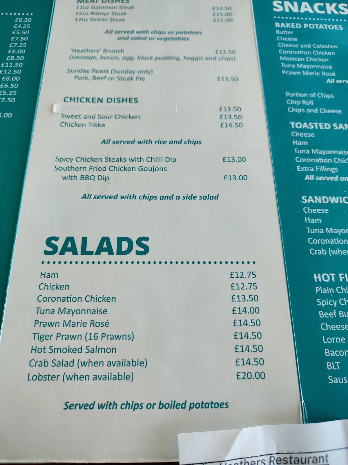 Menu at The Heathers Restaurant, Eyemouth