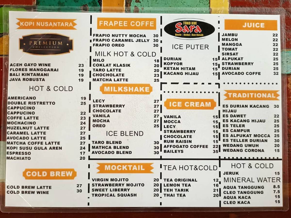 Menu at Toko Kue Sara Cab. Buring restaurant, Malang, Jl. Buring No.37
