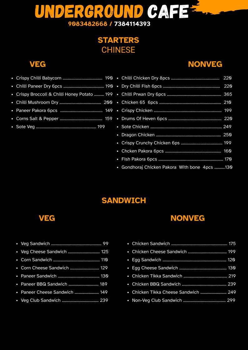 Underground Cafe menu