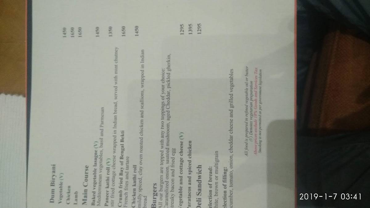 Verandah, Mumbai menu