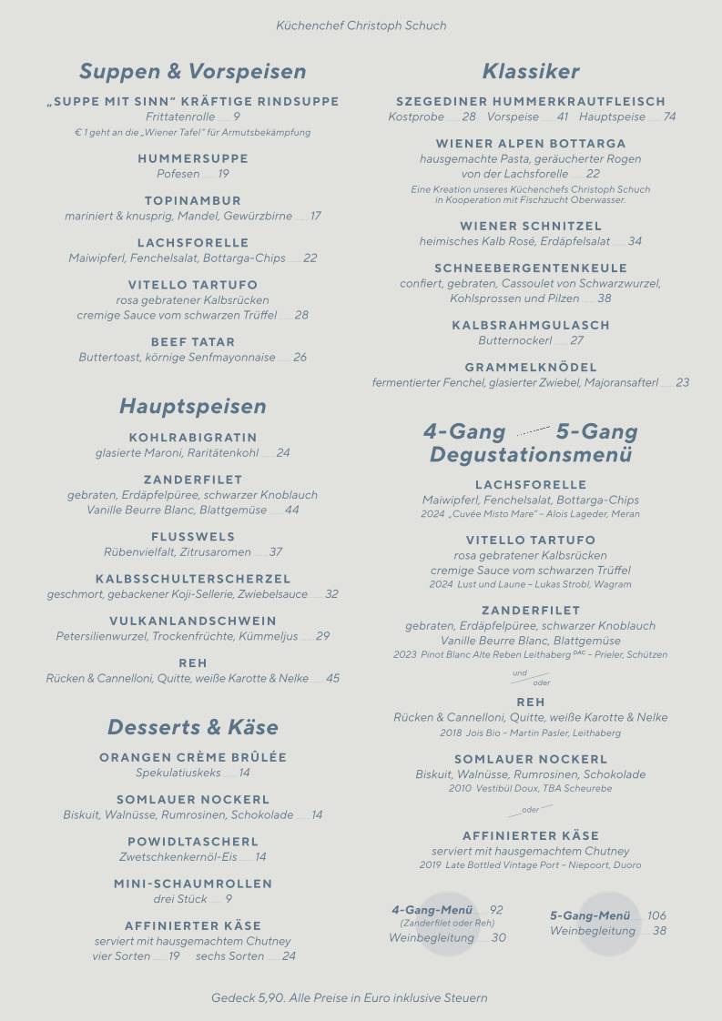Menu de Vestibül Restaurant im Burgtheater