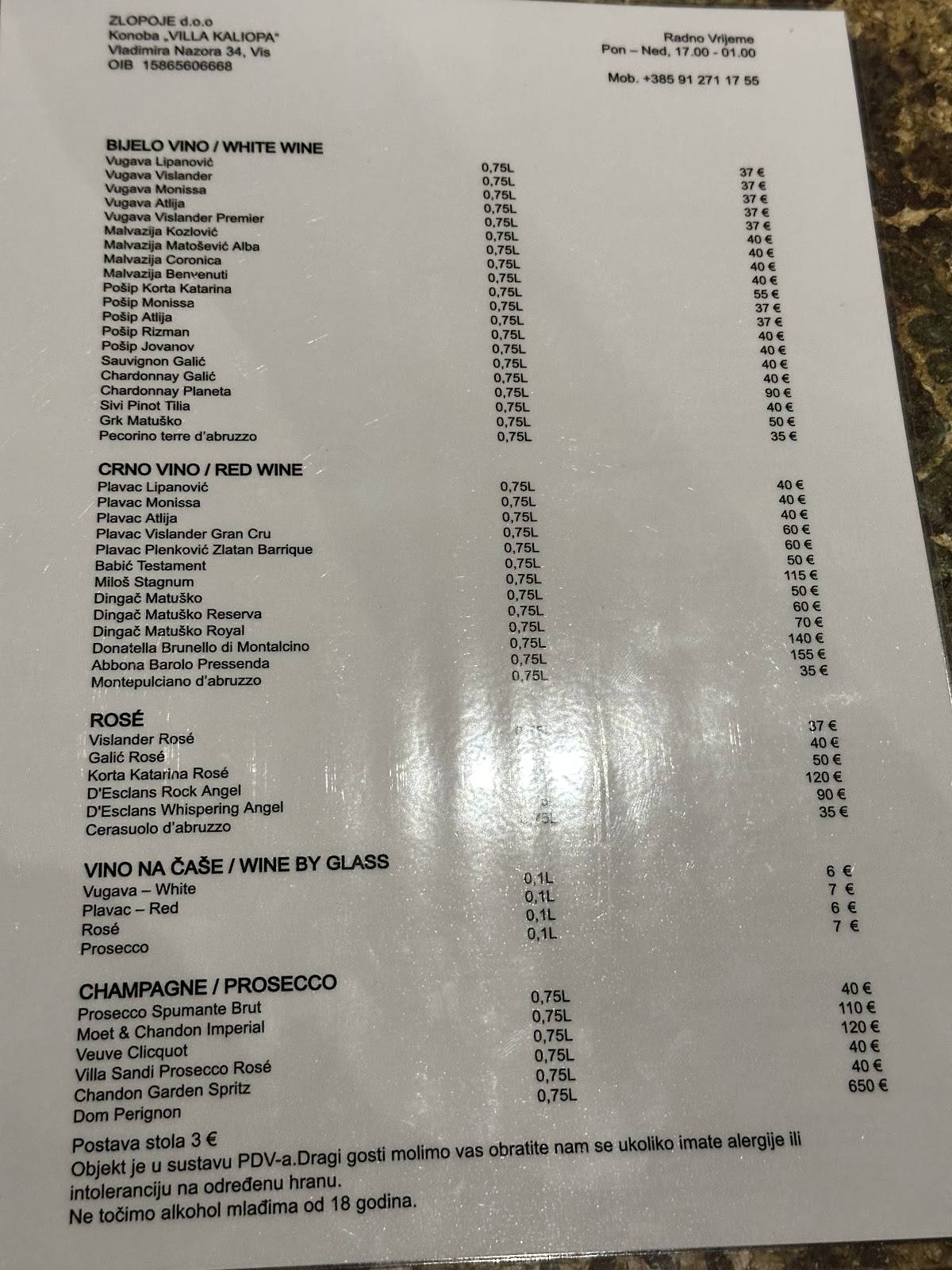 Menu di Restaurant Villa Kaliopa 