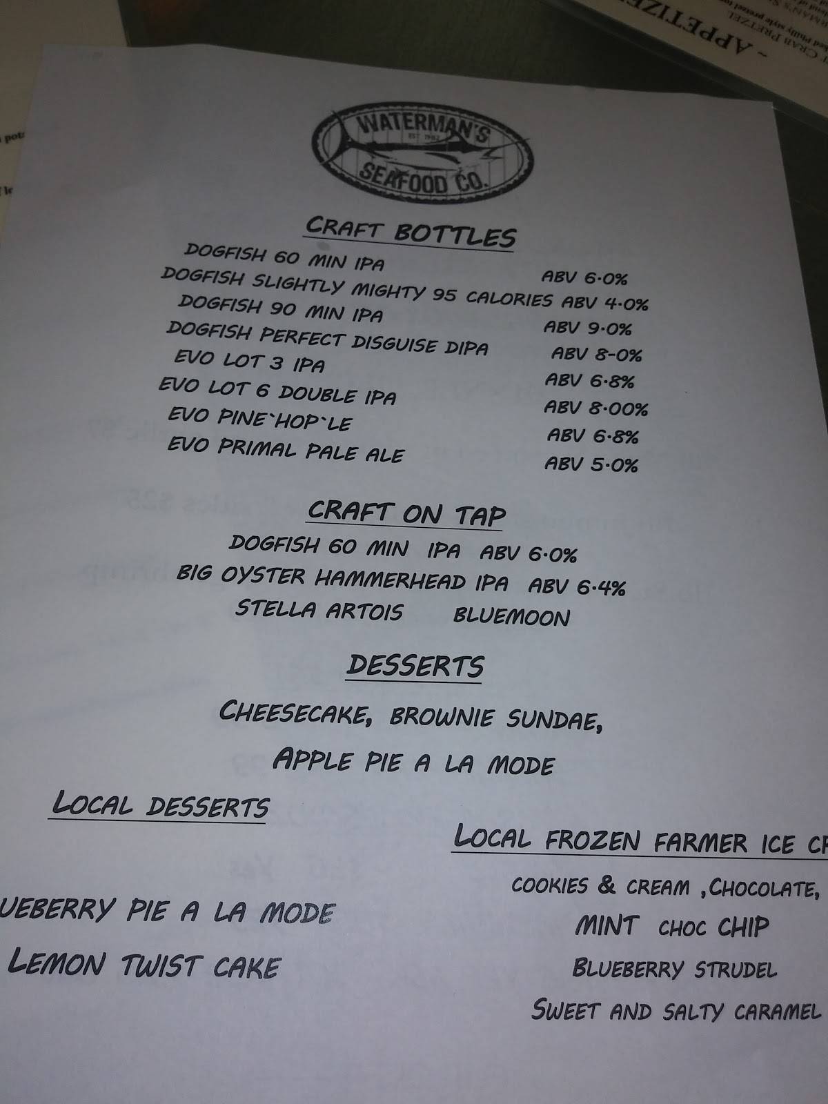 Menu at Waterman's Seafood restaurant, Ocean City