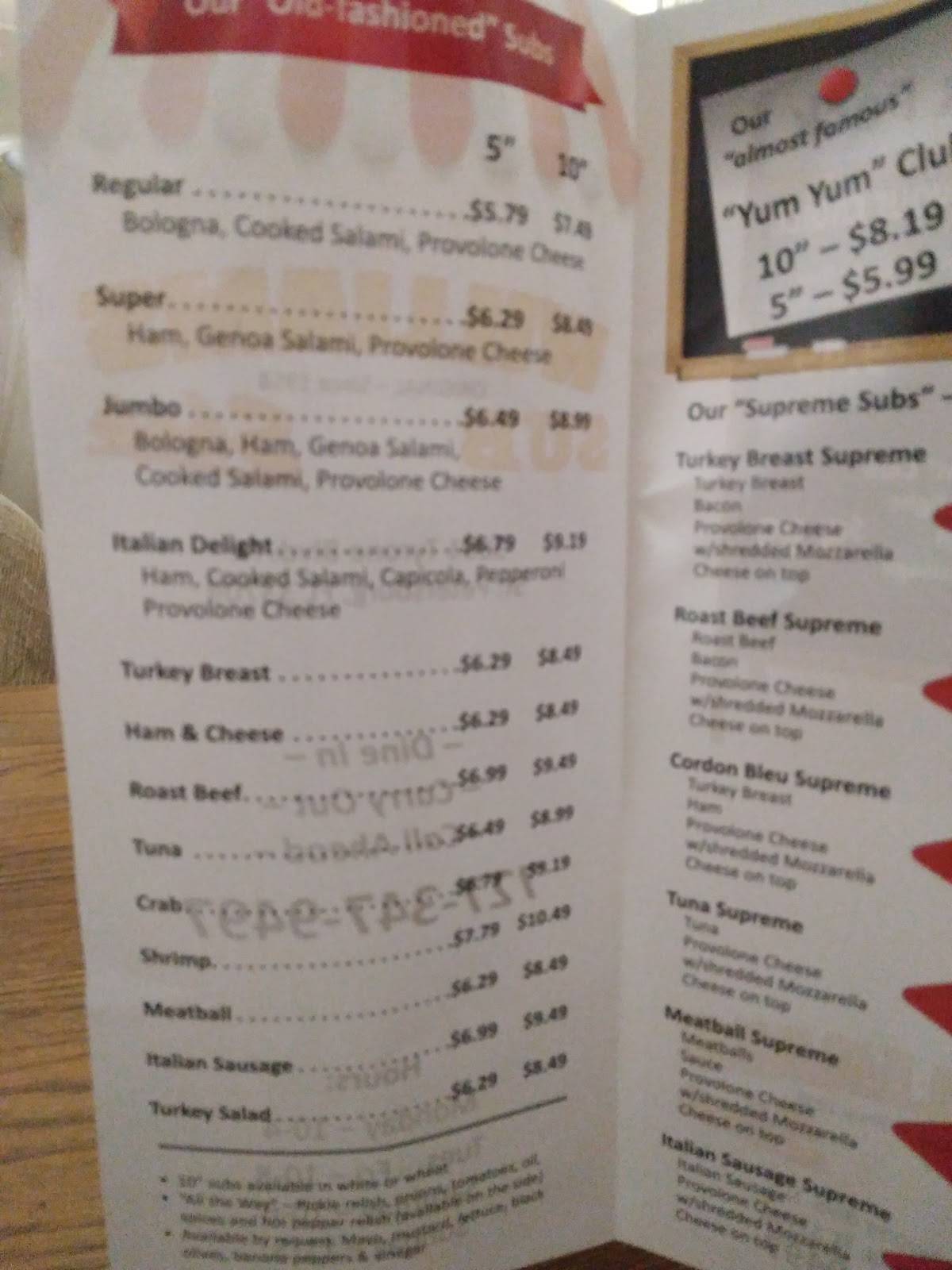 Menu at Williams Sub Shop restaurant, Saint Petersburg