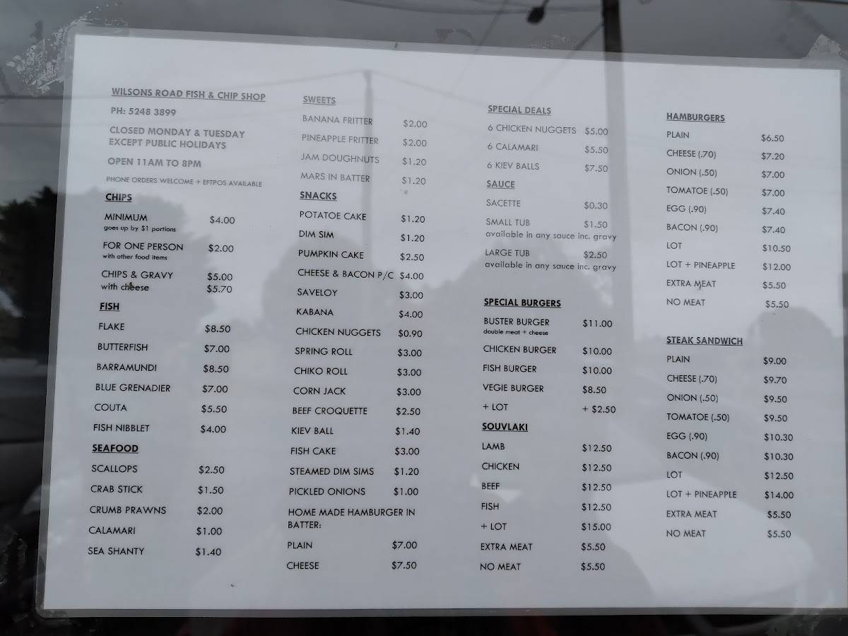 Menu at Wilsons Road Fish Shop Geelong restaurant, Whittington
