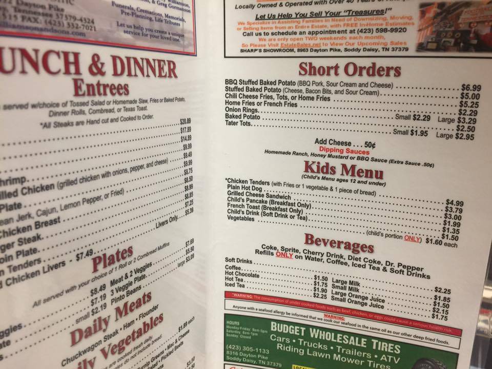 Menu at Wimpie's Country Restaurant, SoddyDaisy