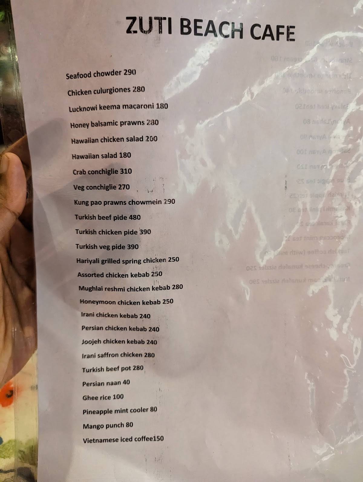 Zuti beachcafe menu