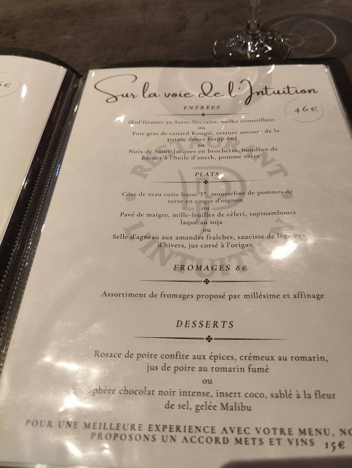Menu de Restaurant l'Intuition