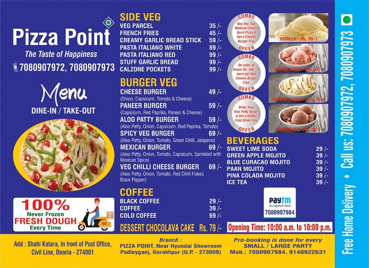 Menu at pizza point, Deoria
