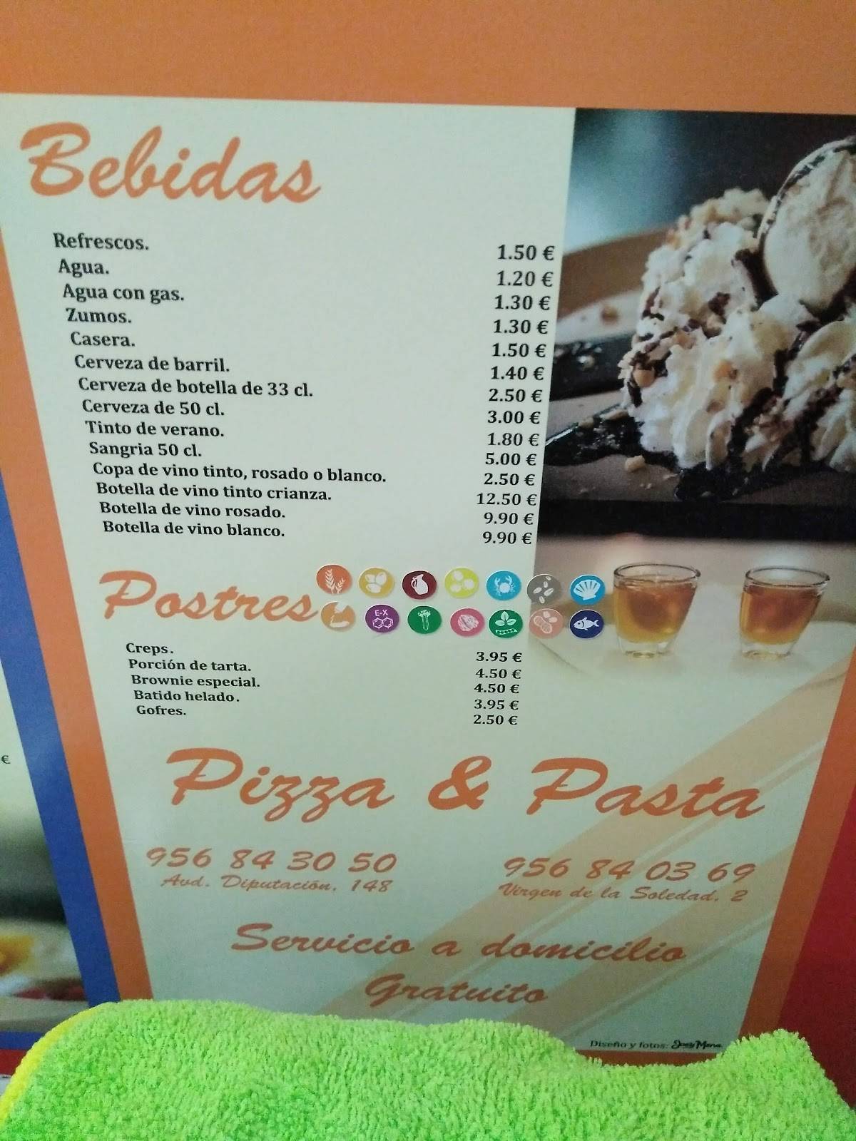 Carta de Restaurante Pizza & Pasta, Rota, Av. de la Diputación
