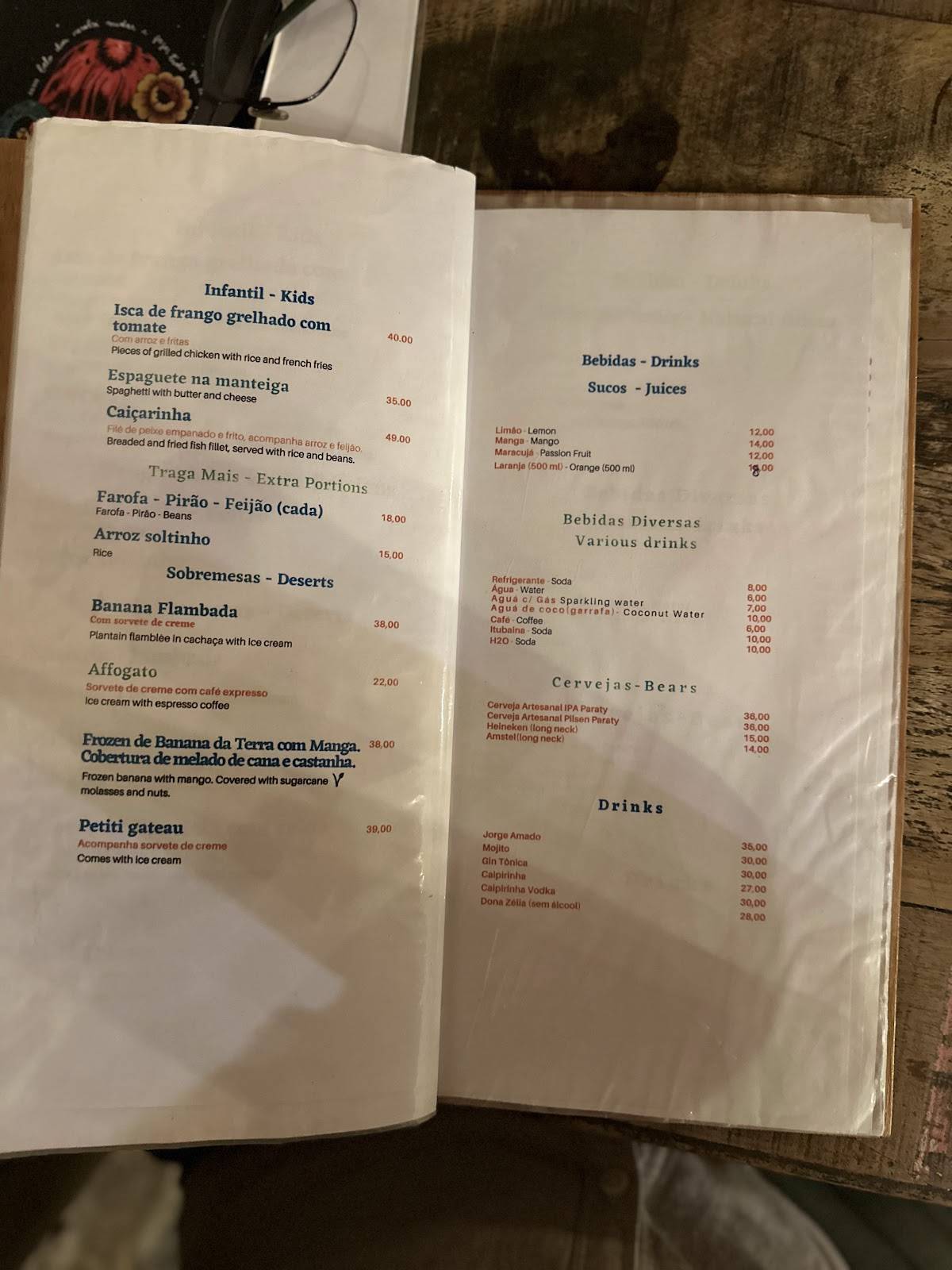 Restaurante Vinicius Paraty (Caiçara e Vegana ) cardápio