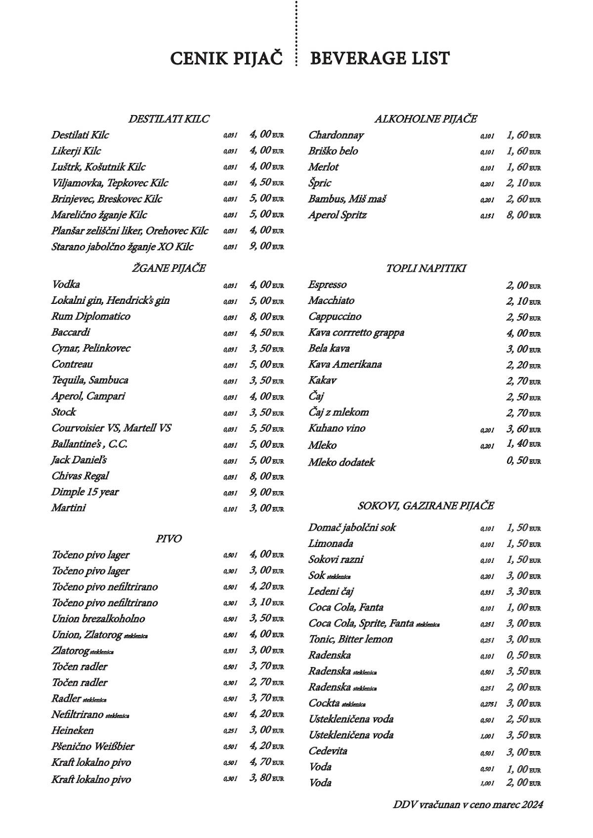 Menu di Restavracija Letni vrt 