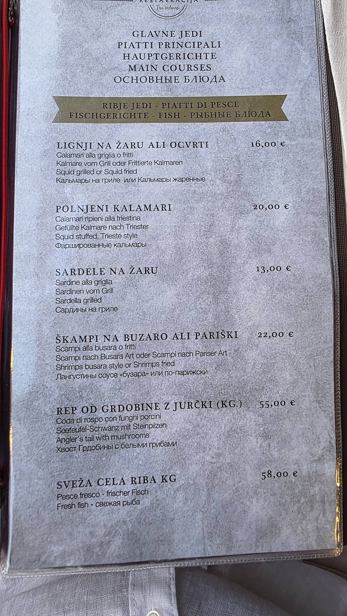 Menu di Restavracija Tri Vdove Piran 