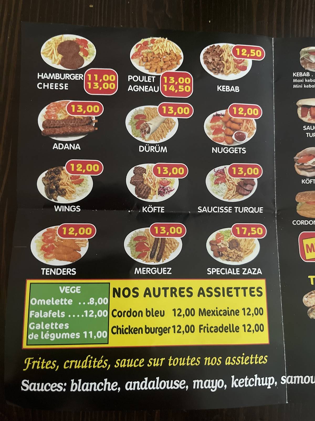 Menu au Resto Snack O‘Zaza restaurant, Steinfort