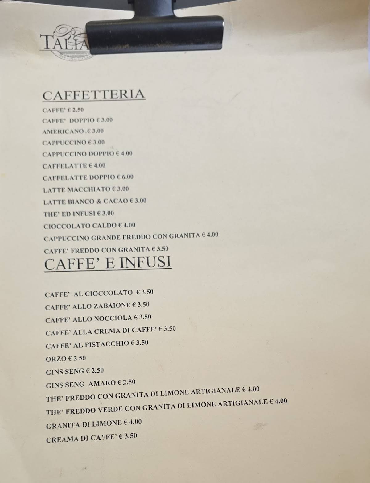 Menu di Taliani Roma 