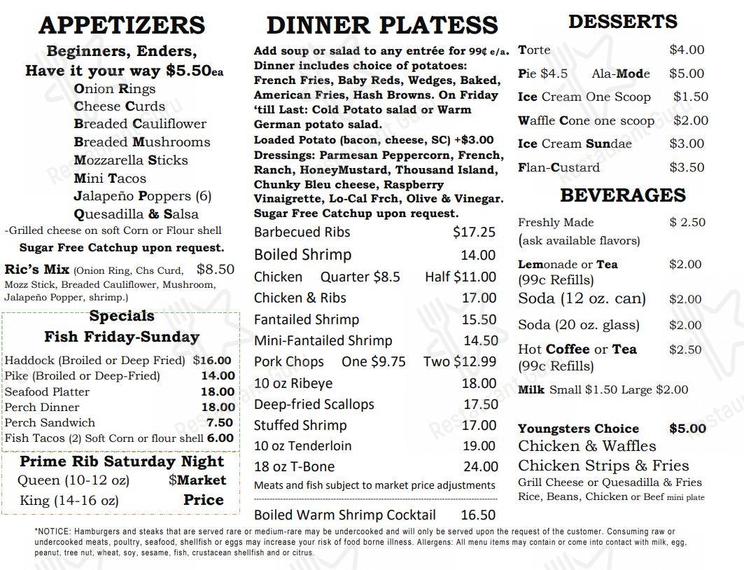 Menu at Ric’s Bar & Grill, Whitelaw