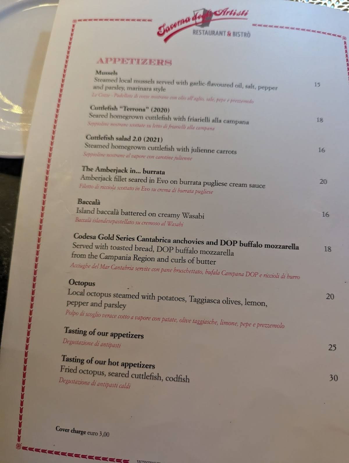 Menu di Taverna degli Artisti 
