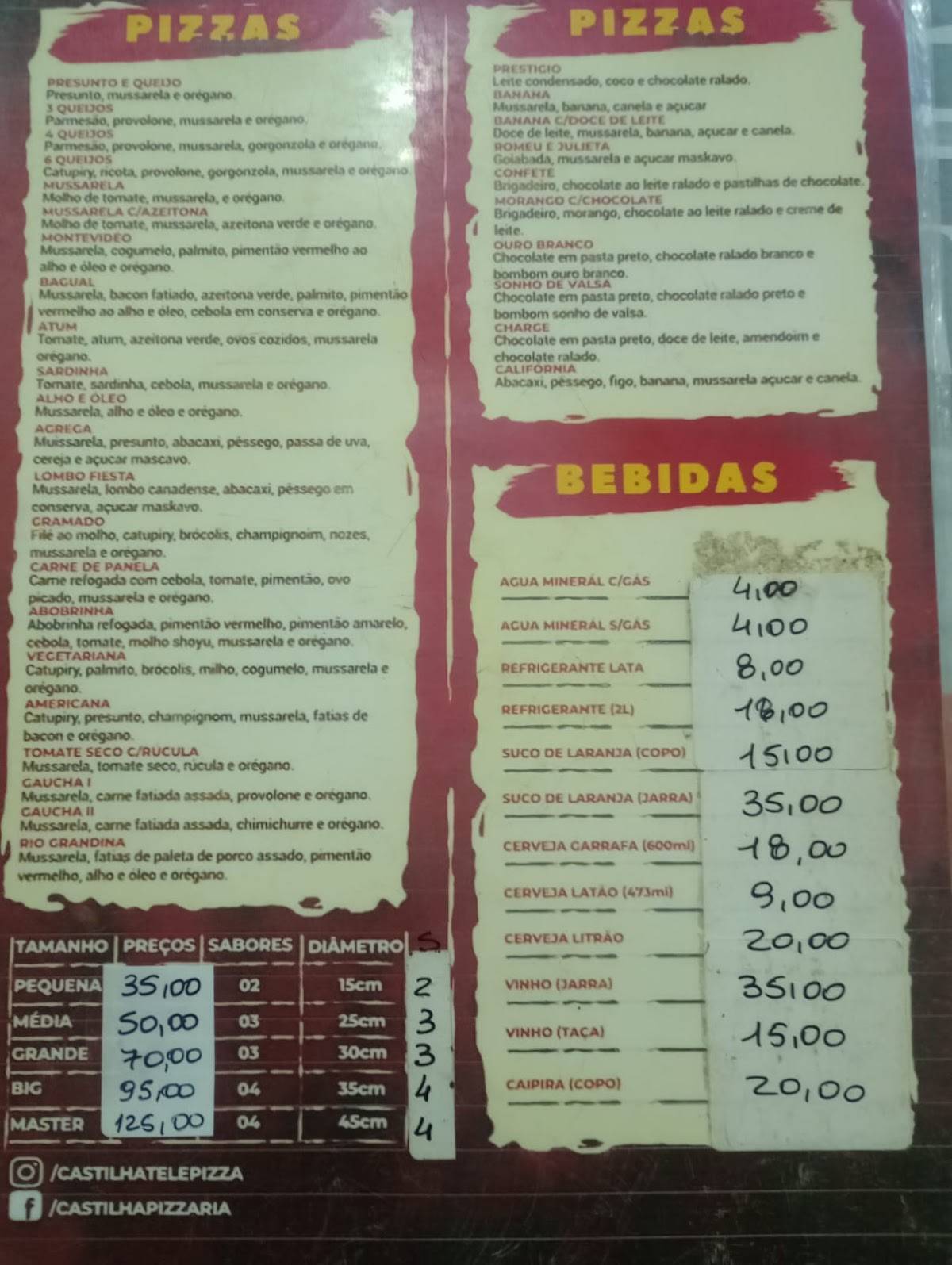 Castilha pizzaria cardápio