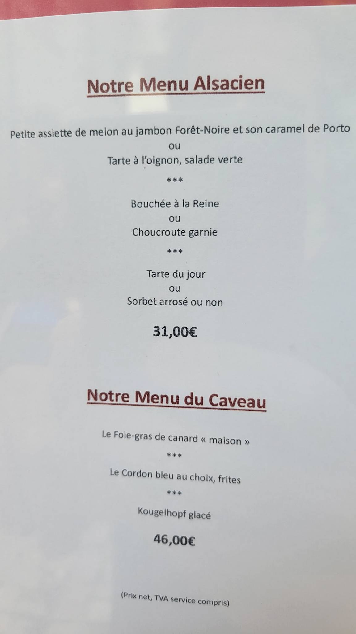 Menu de Le Caveau des Rois