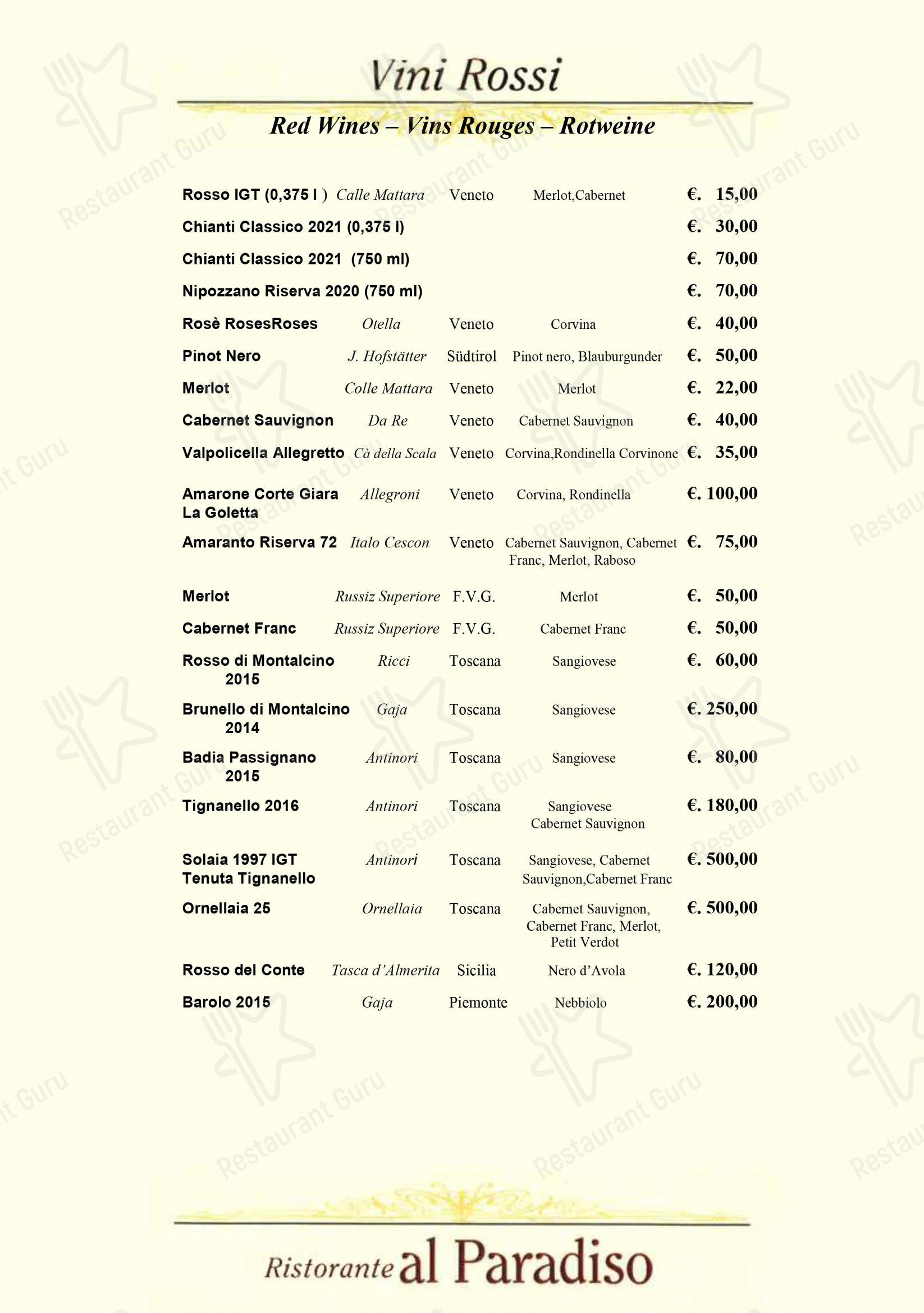 Ristorante Al Paradiso in Venezia - Menu