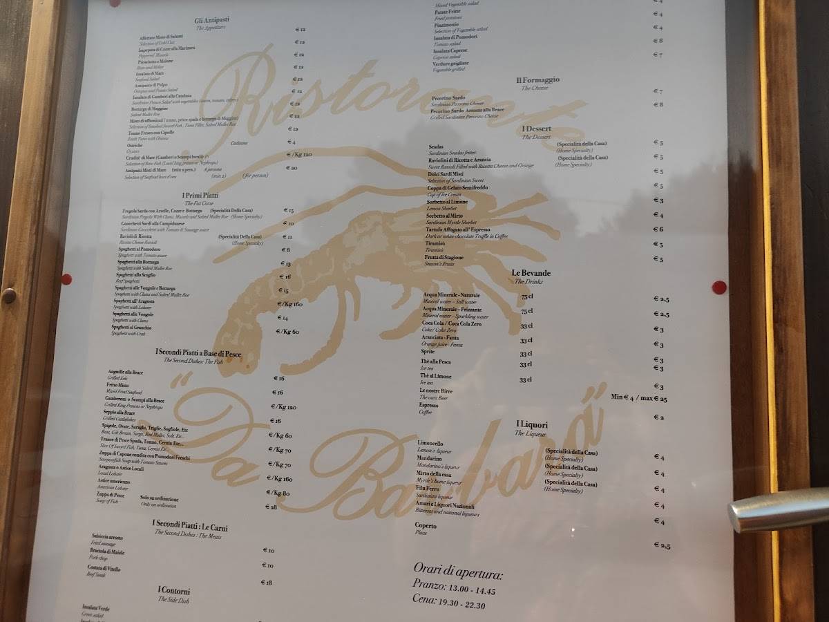 Menu di Ristorante Da Barbara di Asuni Lazzaro e C. 