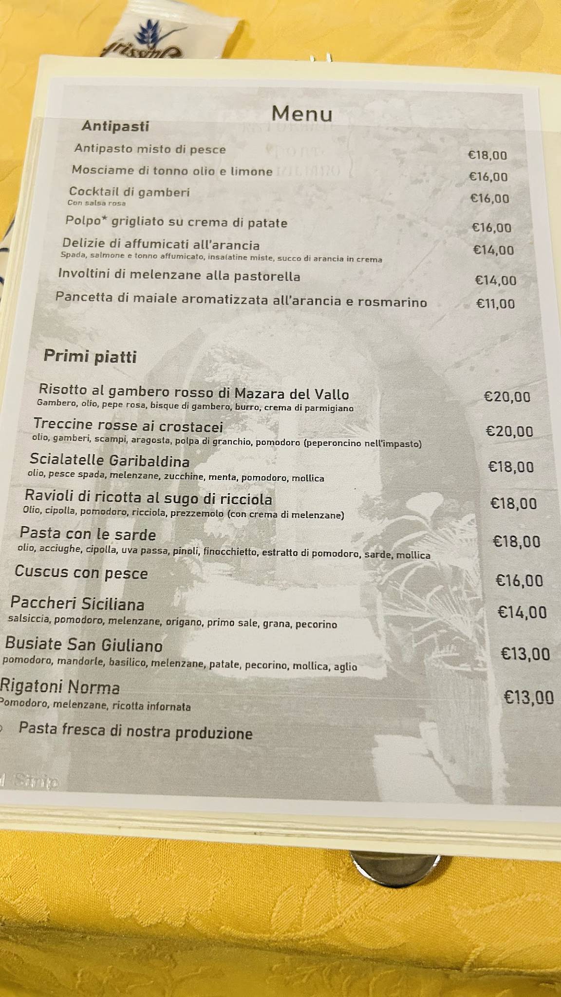 Menu di Ristorante Monte San Giuliano 