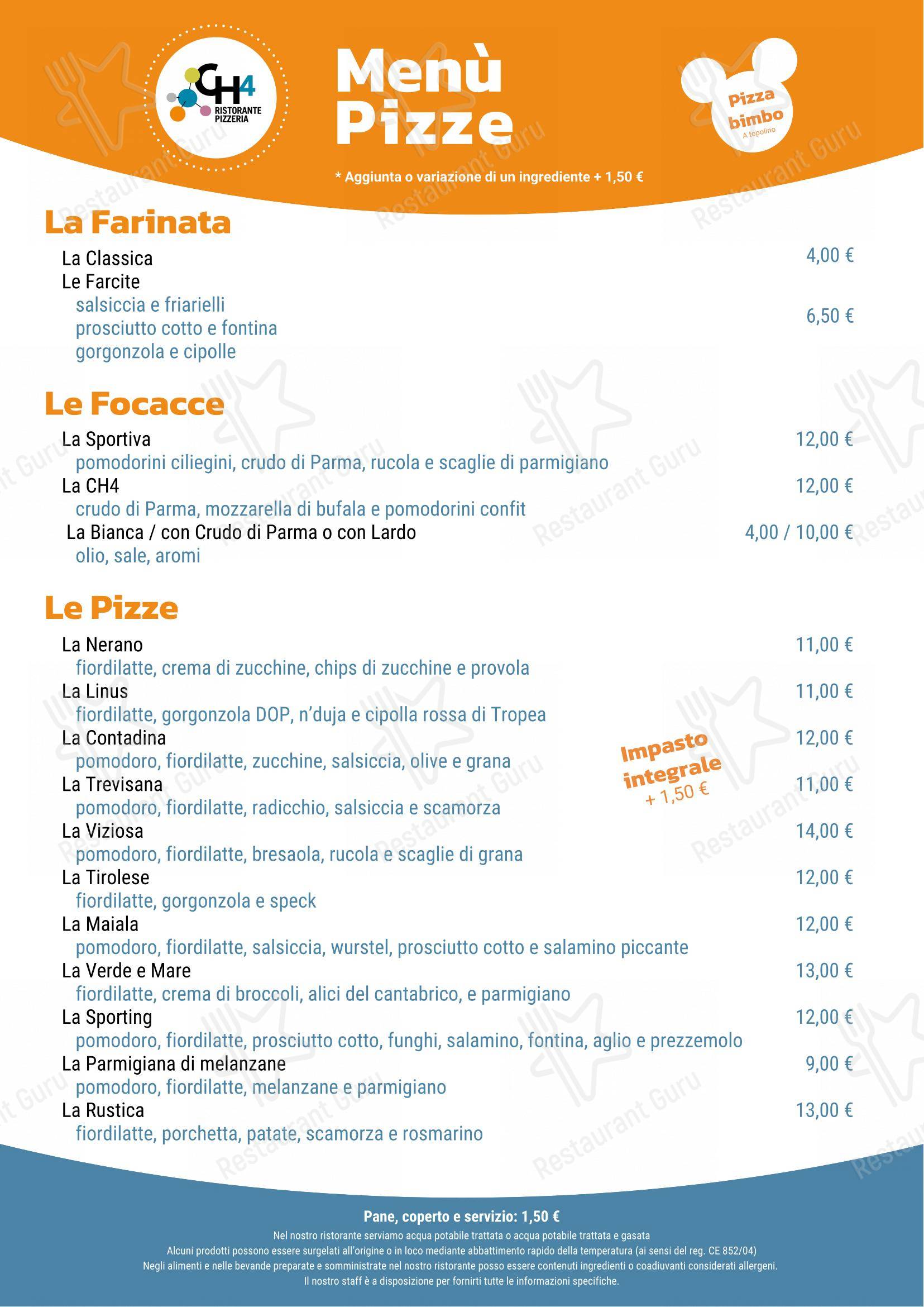 Menu per Ristorante Pizzeria Bar del CH4 Sporting Club ristorante