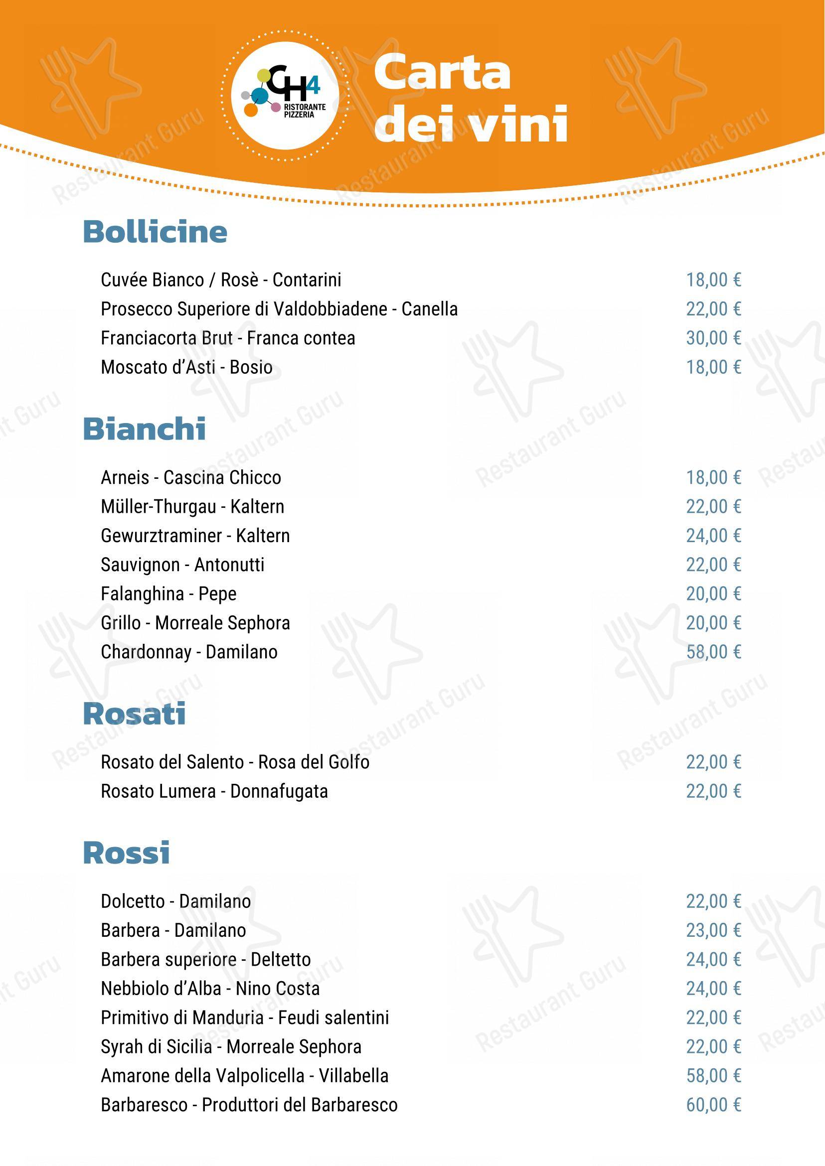 Menu per Ristorante Pizzeria Bar del CH4 Sporting Club ristorante