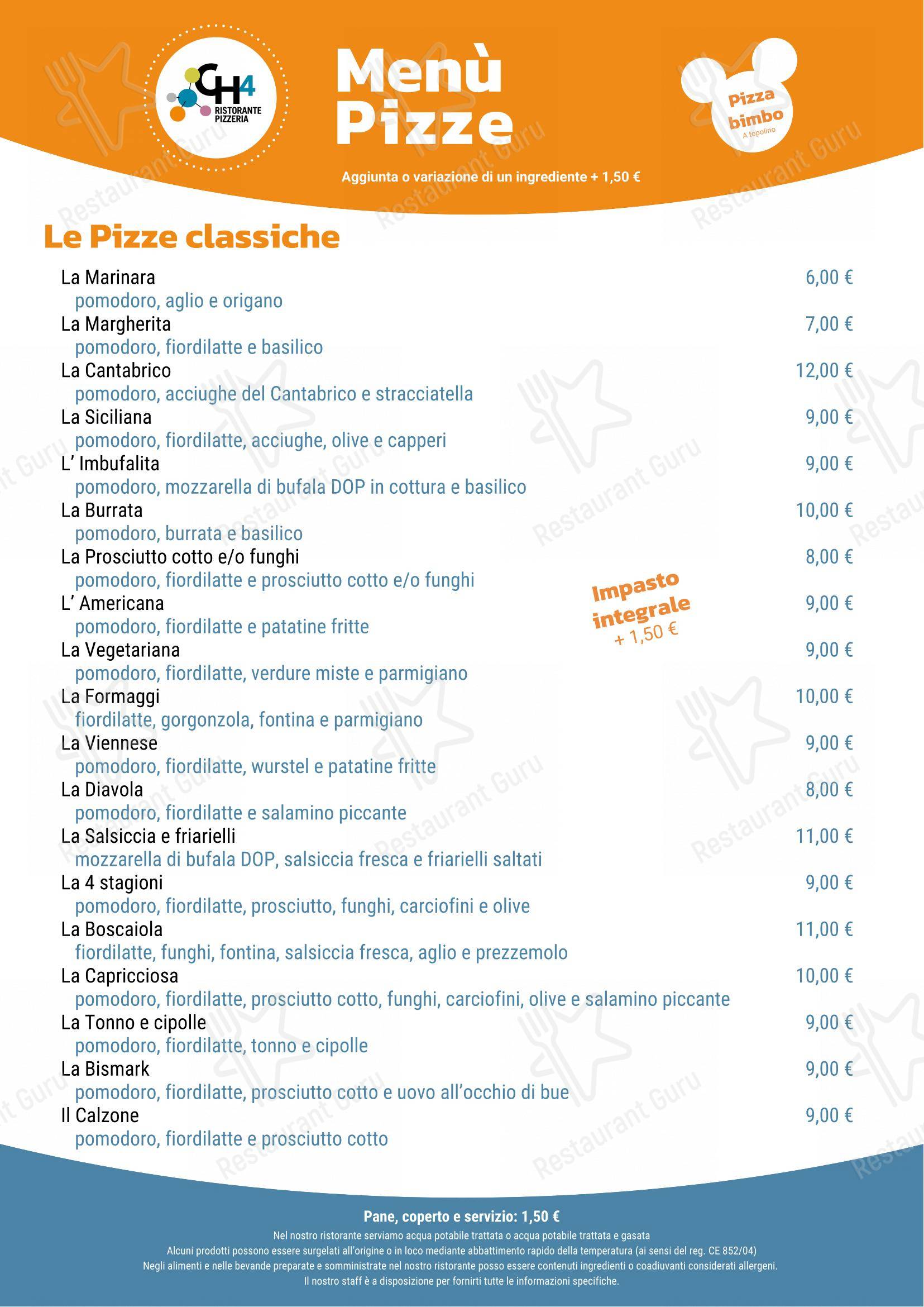 Menu per Ristorante Pizzeria Bar del CH4 Sporting Club ristorante