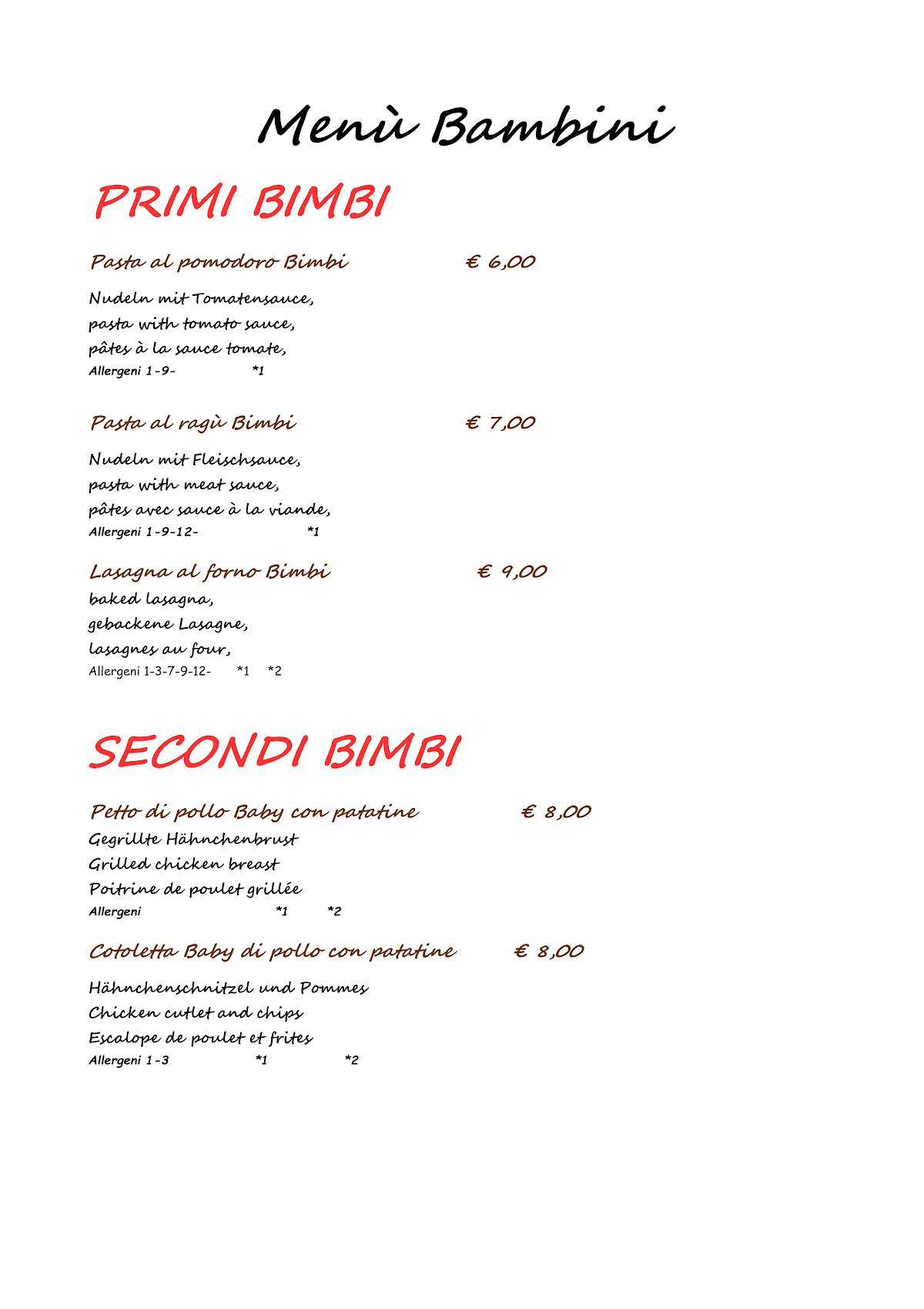 Menu di La Cicala e La Fenice 